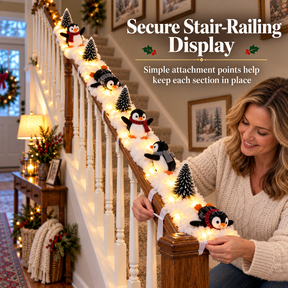 Playful Penguin Snowy Stair Railing Decor