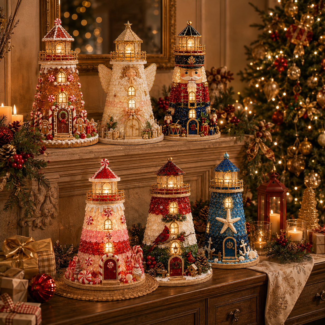 🎄Beginner-Friendly DIY Lighted Christmas Character Sea Glass-Style Lighthouse Kit Collection | Complete Kit with Sea Glass-Style Pieces, LED Lights & Step-by-Step Guide Included 💕