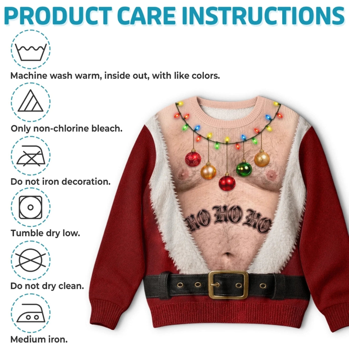 Man wearing funny Christmas sweater at holiday party