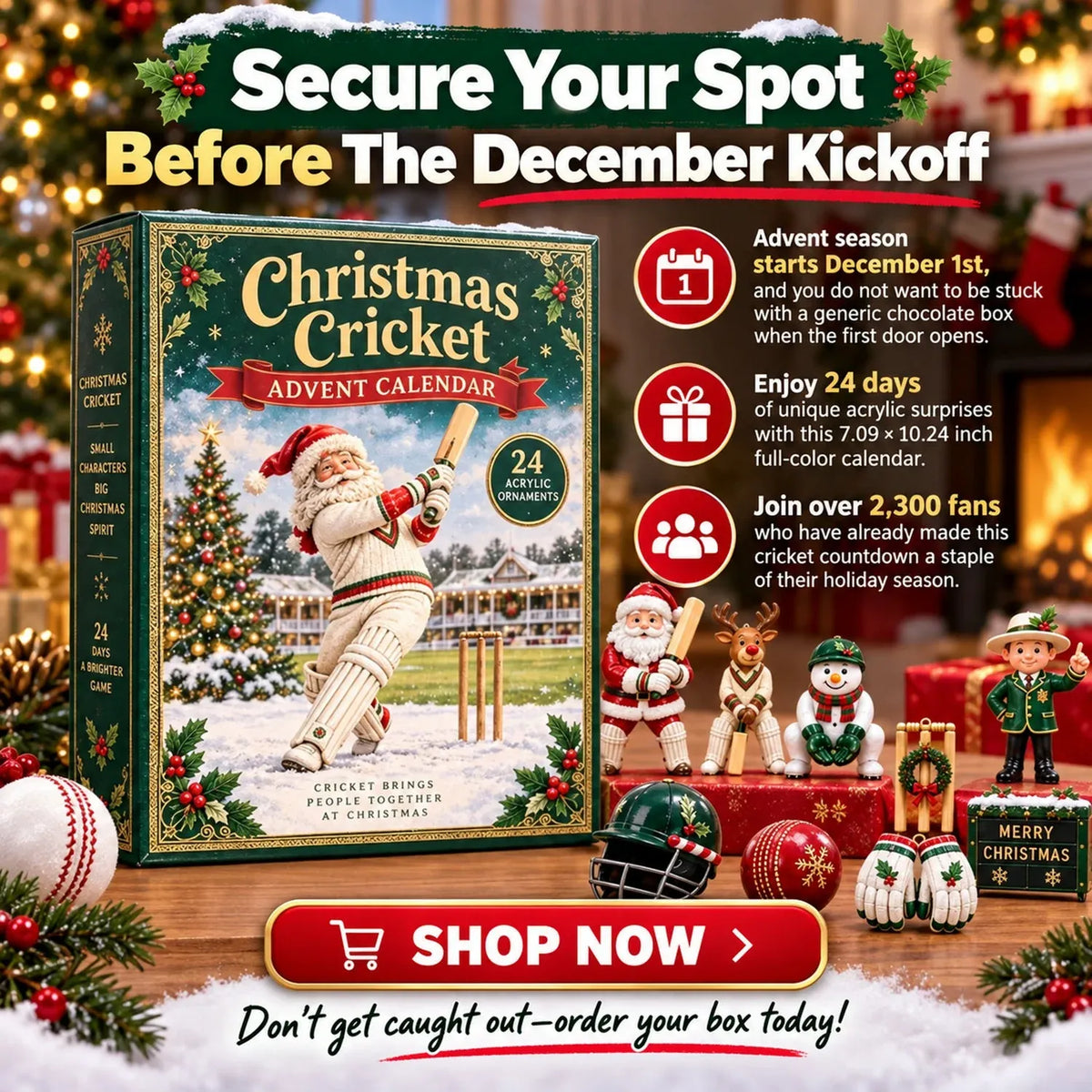 🏏🎄Christmas Cricket Advent Calendar 2026 - 24-Day Festive Countdown, Acrylic Charms Blind Box - Gift For Cricket Lovers