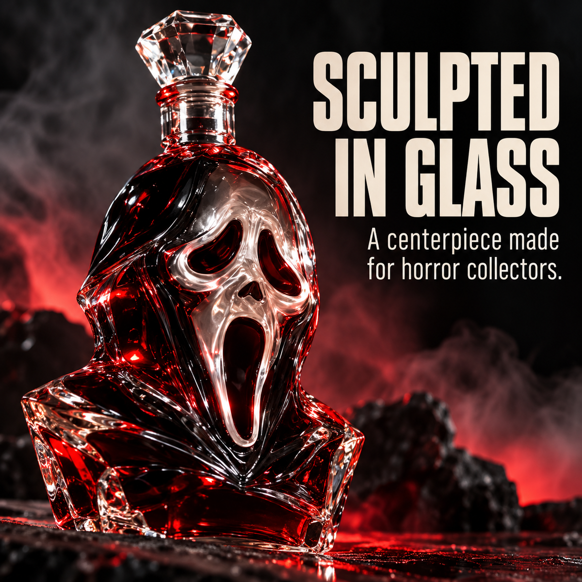 Sculpted glass Ghostface decanter with faceted crystal-style stopper