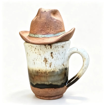 📍🤠 Cowboy Hat Ceramic Tea Mug Set | Western Handmade Cup with Hat Tea Strainer & Cowboy Boot Coaster, Rustic Farmhouse Gift