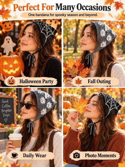 🎃 Halloween Style Deal – Boho Ghost Print Head Scarf 👻 Cute Seasonal Hair Accessory for Festive Looks 🦇