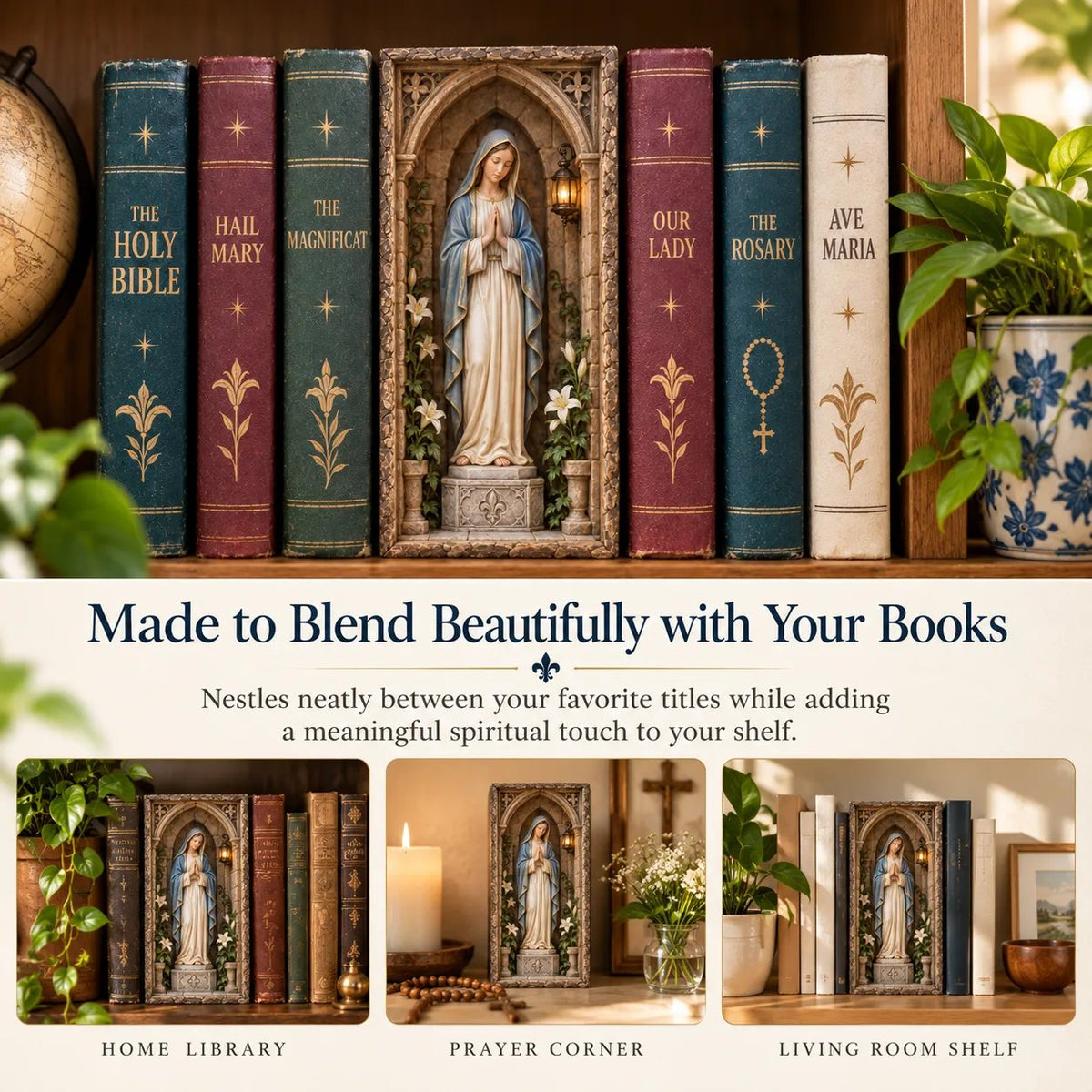 🙏 Virgin Mary Lighted Book Nook – Sacred Chapel Bookshelf Decor