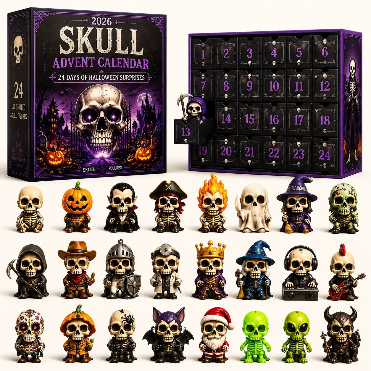 2026 Skull Halloween Advent Calendar | 24 Unique Collectible Skull Characters with Vampire, Pirate, Wizard & Monster Designs 🎃