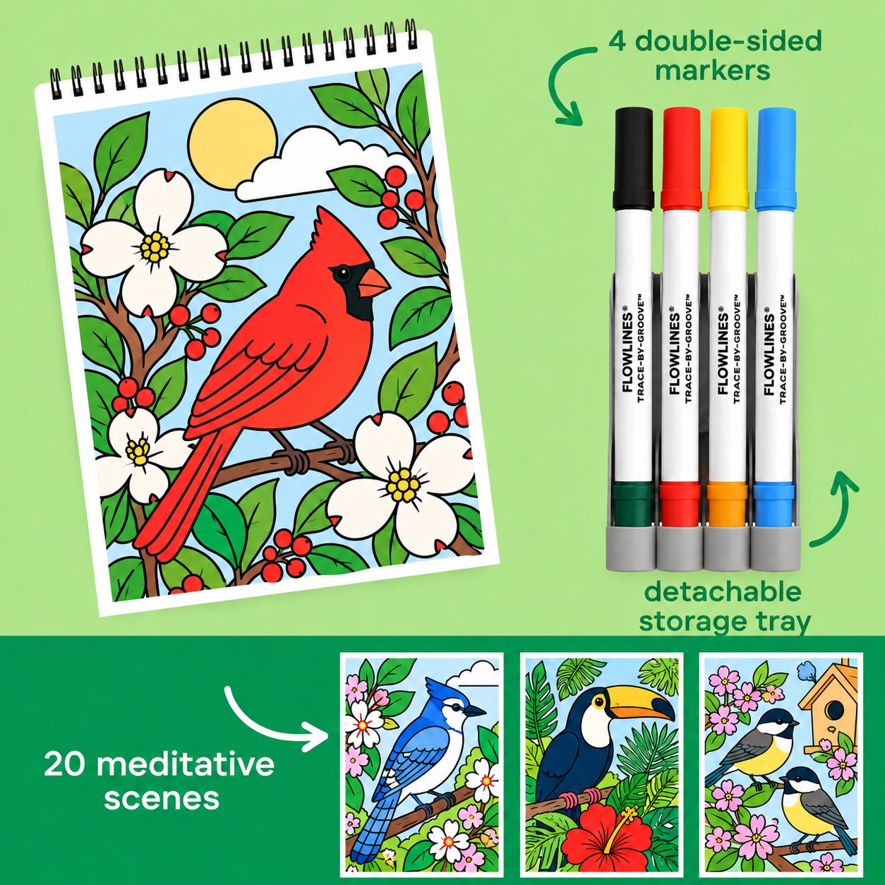 🌿 Trace-By-Groove Guided Flow Art Coloring Pad with Double-Sided Markers 🎨