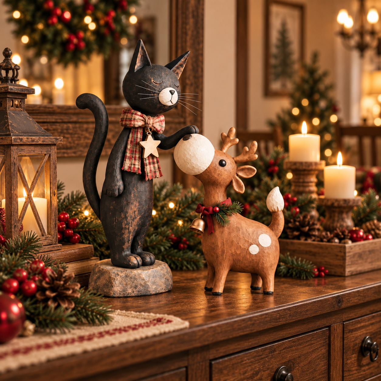 Black cat and reindeer figurines together on a Christmas console