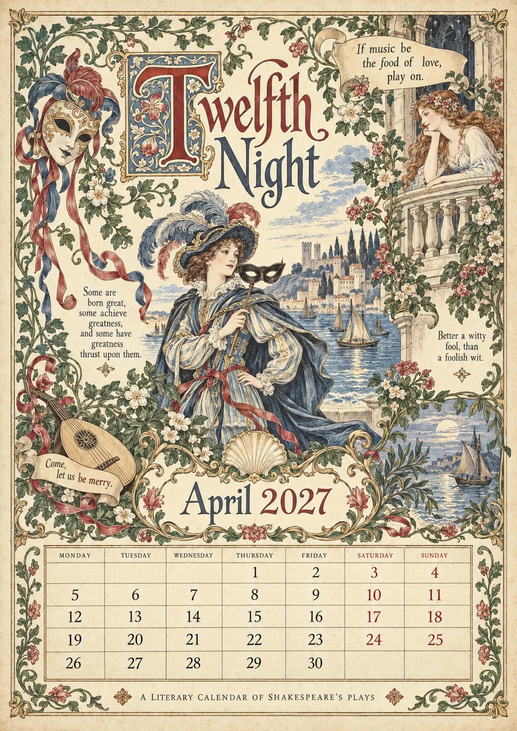 🗓️ A Vintage Literary Year 2027 – ✨ 12 Plays Through the Seasons | Vintage Illustrated Wall Calendar