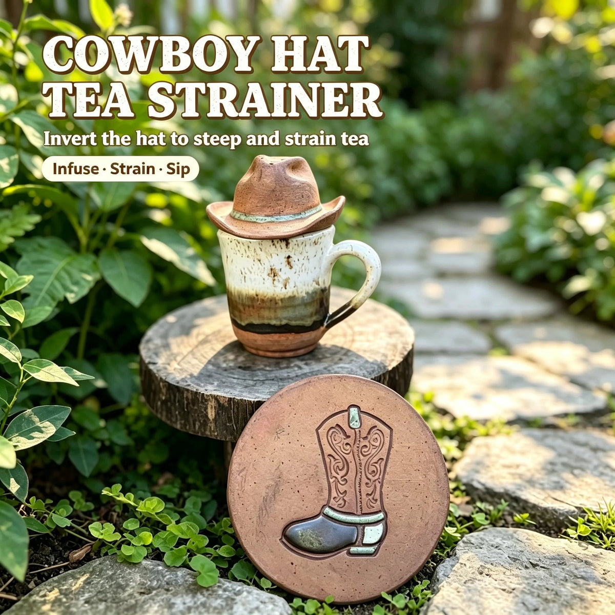 📍🤠 Cowboy Hat Ceramic Tea Mug Set | Western Handmade Cup with Hat Tea Strainer & Cowboy Boot Coaster, Rustic Farmhouse Gift