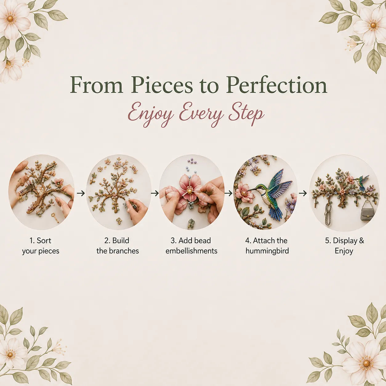 🌿 DIY Hummingbird Tree Wall Organizer Kit | 5‑Hook Wooden Wall Hanger, Botanical Art Decor for Entryway Home Craft Gift