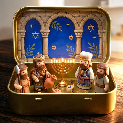 Council by Candlelight - A Miniature Hanukkah Menorah Diorama in a Golden Keepsake Tin