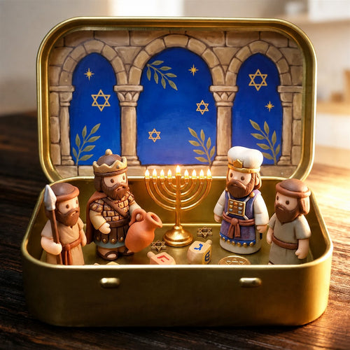 Council by Candlelight - A Miniature Hanukkah Menorah Diorama in a Golden Keepsake Tin