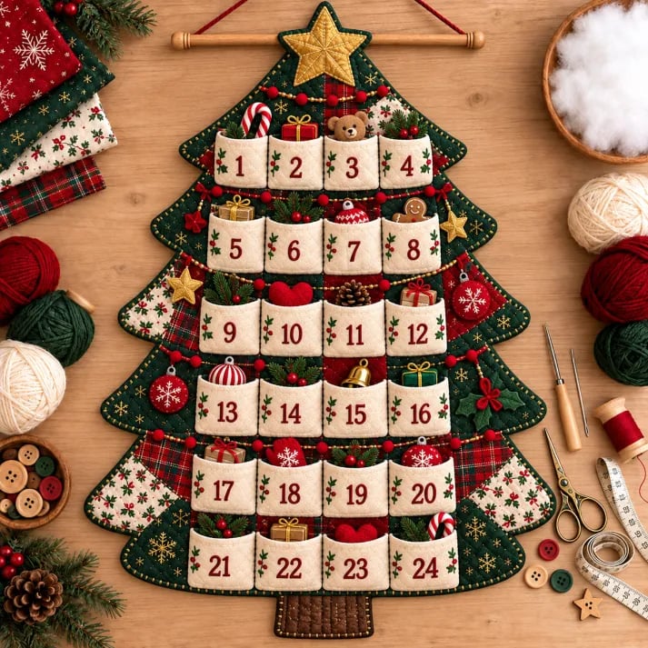 🎄🧵DIY Patchwork Christmas Advent Calendar Kit – 🪡Handmade 24-Pocket Quilted Countdown Wall Hanging | 5 Festive Designs