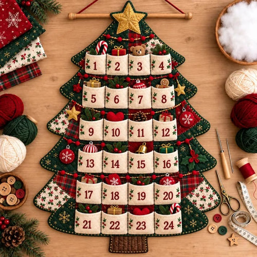 🎄🧵DIY Patchwork Christmas Advent Calendar Kit – 🪡Handmade 24-Pocket Quilted Countdown Wall Hanging | 5 Festive Designs