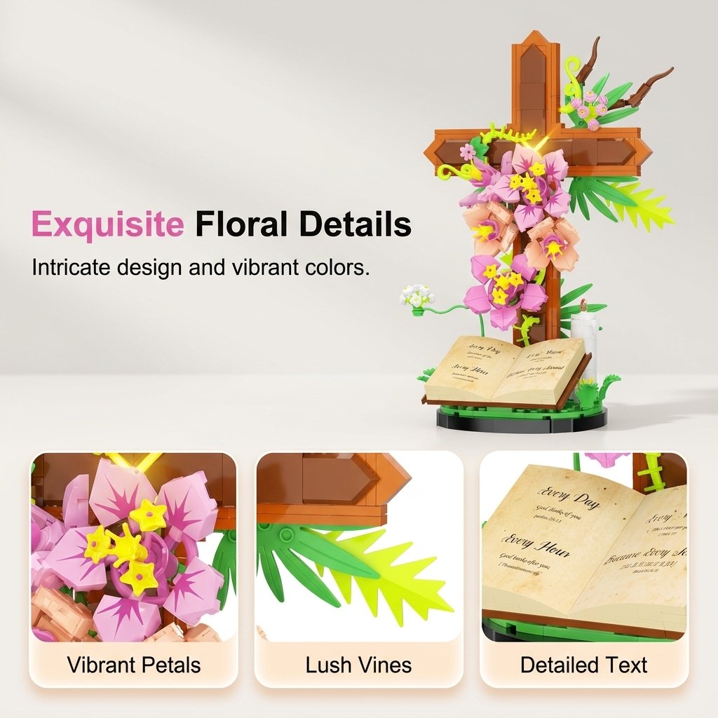 🌺💡 Illuminated Floral Cross Building Set – Peaceful DIY Book Display Decor