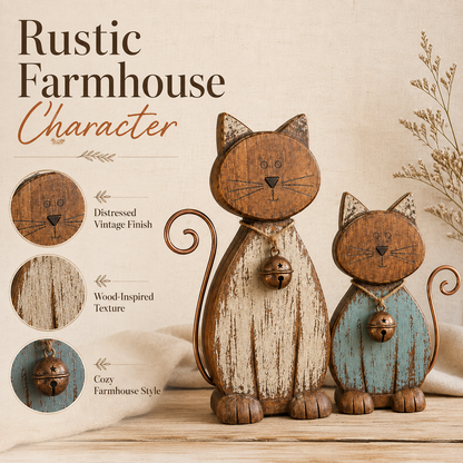 Rustic Wooden Cat Figurines Set of 2