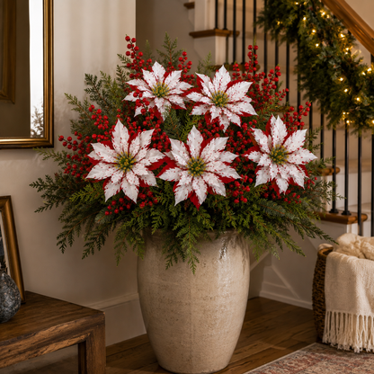 Christmas Poinsettia Planter Inserts – Set of 6 Red & White Holiday Floral Picks