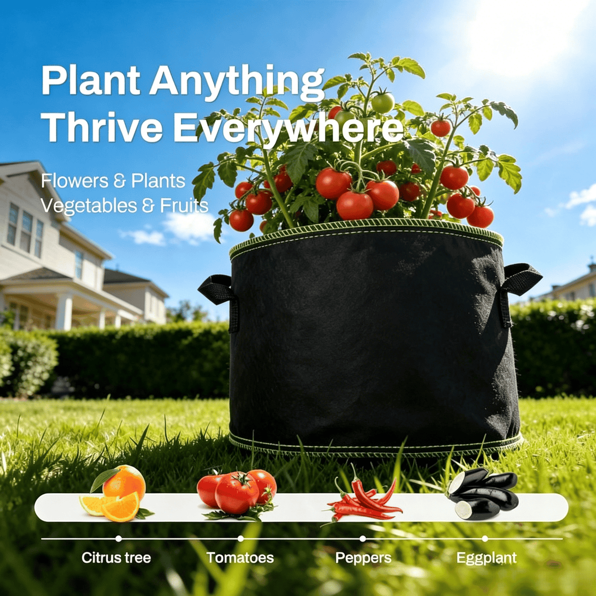 Tomato plant growing in a five-gallon fabric pot in a sunny yard