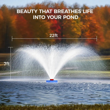Pond Fountain Aerator  1HP 110V 750W 15000 GPH Floating Fountain Pump with 100 FT Power Cord  2 x 100 FT Rope Timer  Fully Automatic Powerful Aerating Fountain for Larger Ponds, Lakes