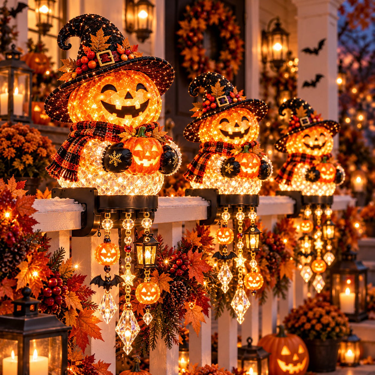 🎃 Halloween-Kaskadenlichter für Veranda & Geländer – Kürbis, Hexe, Geist & schwarze Katze