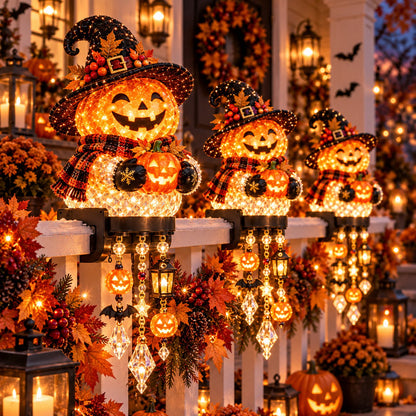 🎃 Halloween-Kaskadenlichter für Veranda & Geländer – Kürbis, Hexe, Geist & schwarze Katze