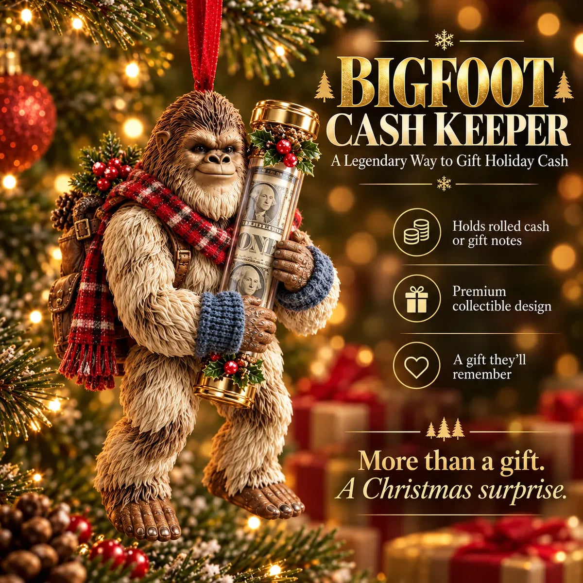 Bigfoot cash ornament hanging on Christmas tree