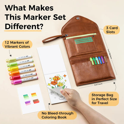 🎨 Beginner-Friendly Pocket Travel Coloring Kit | Complete Set with 12 Alcohol Markers, Coloring Book & Reusable Travel Case Included ✈️