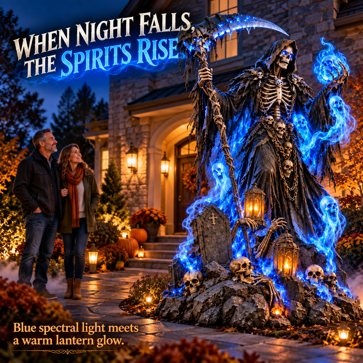 Giant Haunted Soul Reaper Lighted Halloween Yard Decoration – Glowing Grim Reaper with Ghostly Blue Spirits