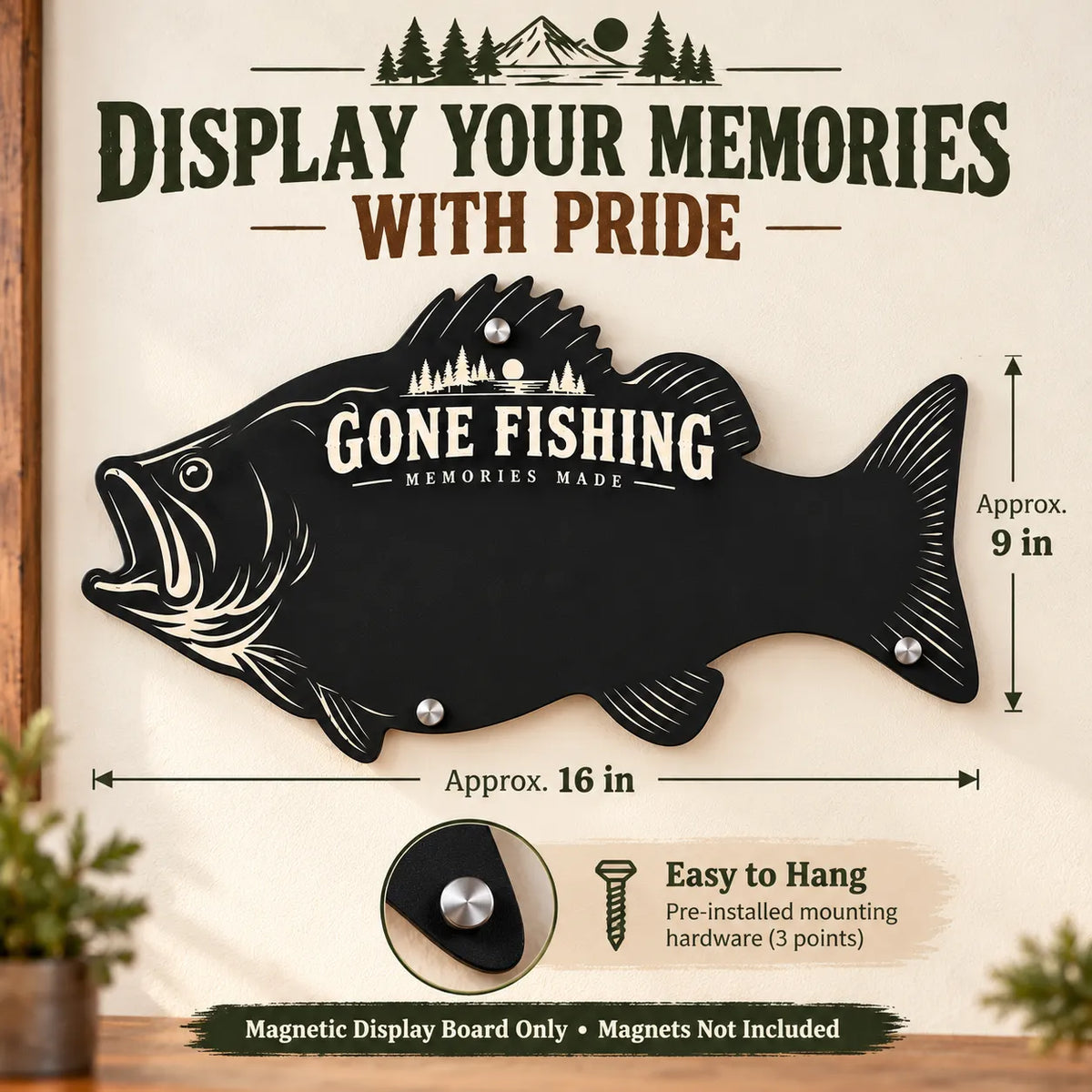 Bass-Shaped Magnetic Fishing Display Board