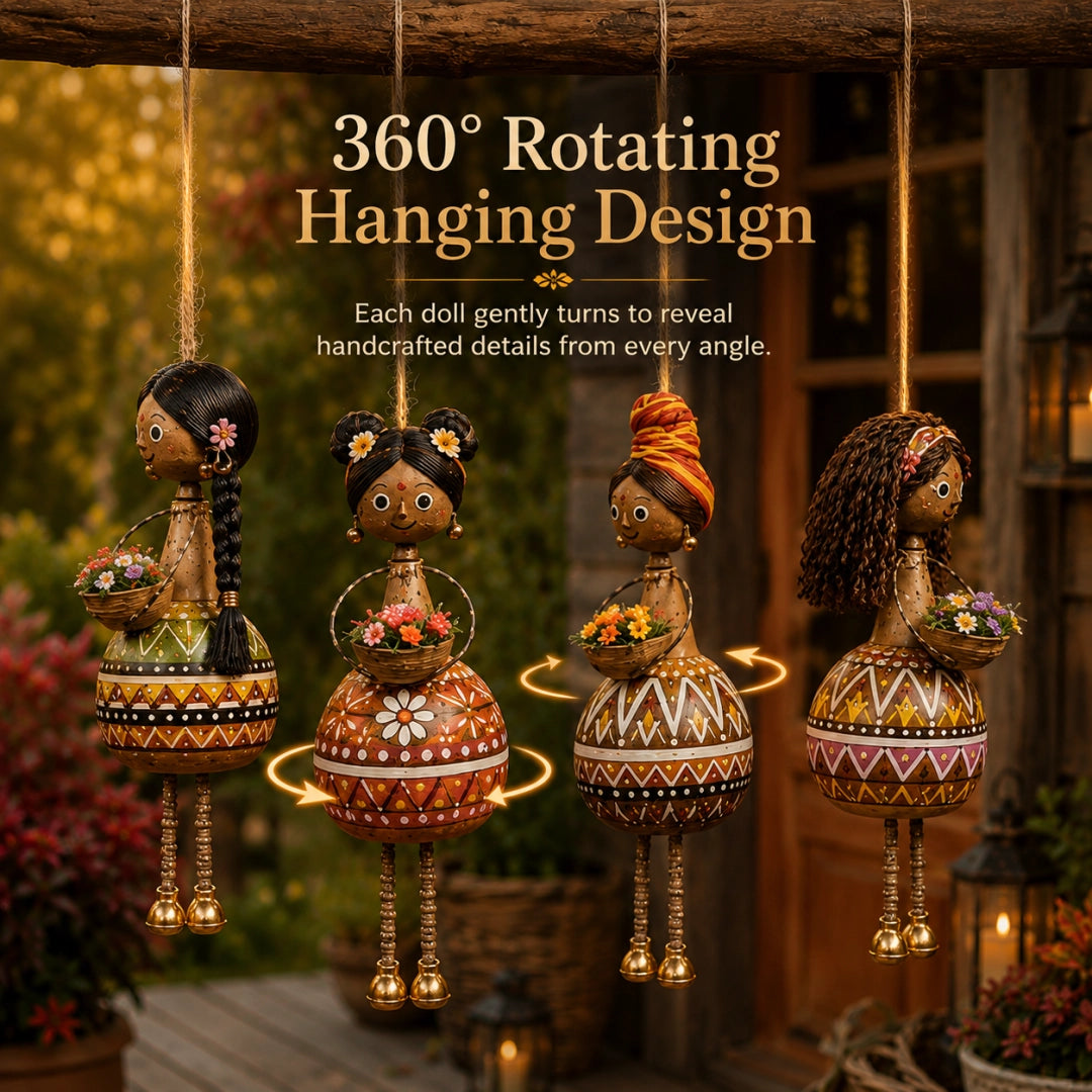 Handcrafted Folk Art Hanging Doll Ornaments – 4-Piece Rotating Decorative Set