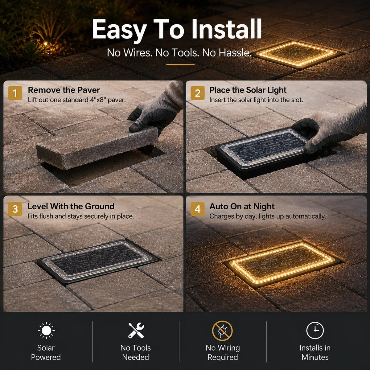 Walkway before and after solar paver lighting