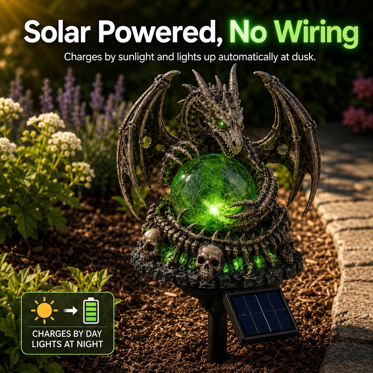 🐉💀 Solar Dragon Skull Crystal Orb Garden Light