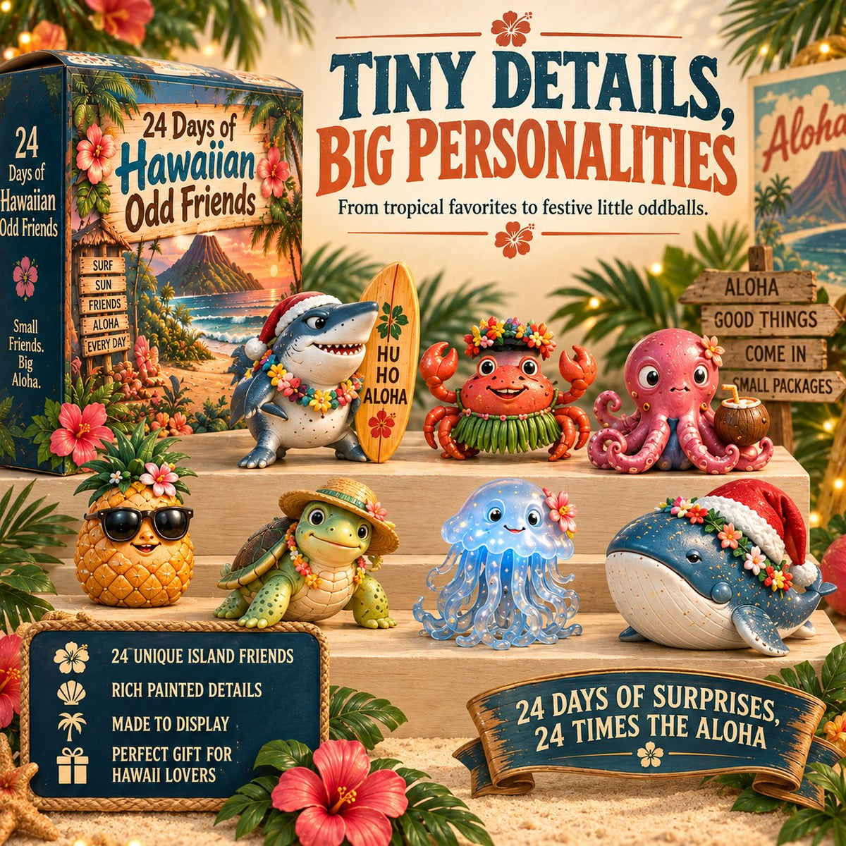 🌺 24 Days of Hawaiian Odd Friends Advent Calendar | 24 Unique Tropical Mini Figures with Daily Surprises for Hawaii Lovers, Collectors & Christmas Displays 🎄