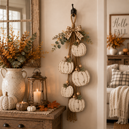 Rustic White Pumpkin Hanging Swag – 5-Pumpkin Fall Wall & Door Decor
