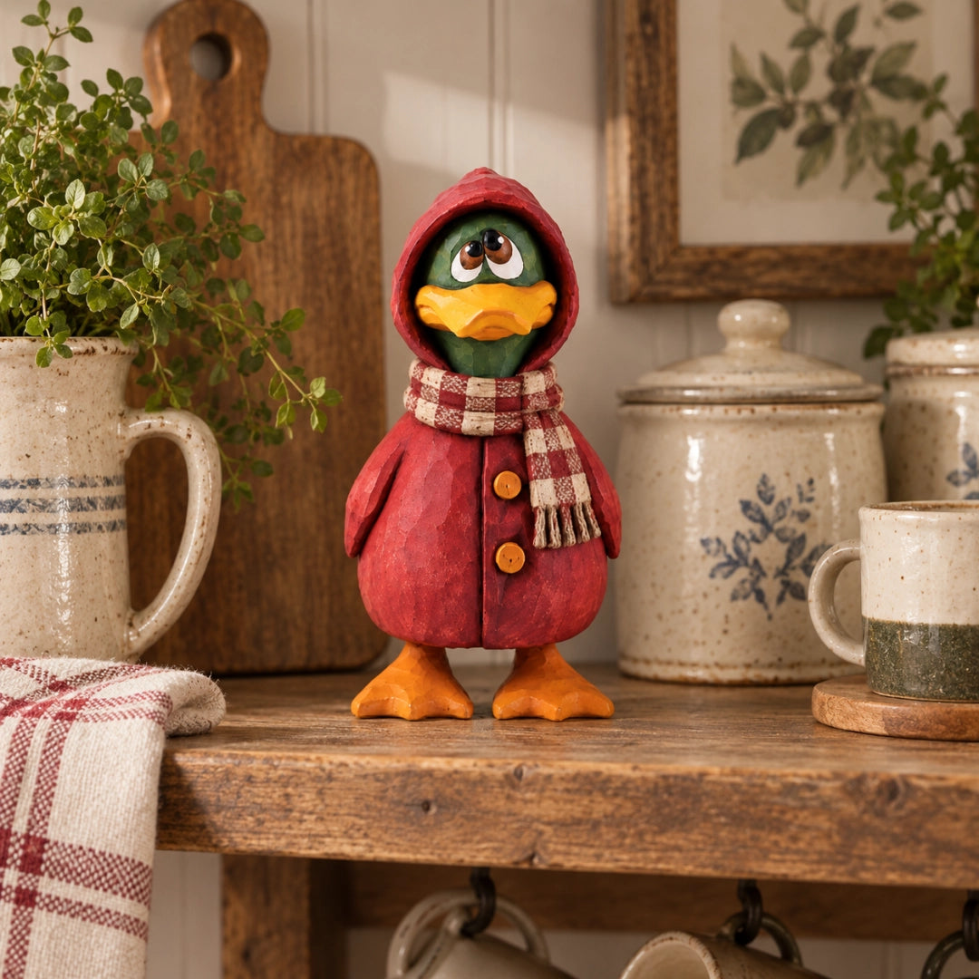 Rustic Wooden Duck Figurine with Scarf, Hand-Painted Farmhouse Animal Decor