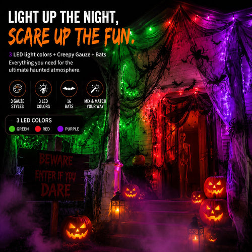🕸️💡 Haunted Hallway Makeover Set – Gauze, Glow & Bat Decor for Spooky Halloween Scenes