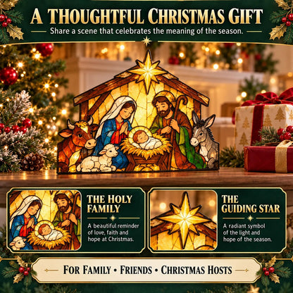 ✝️ Nativity Scene Christmas Decoration 🎄✨ Stained Glass Style Holy Family Display with Baby Jesus, Mary, Joseph & Stable Animals 🕊️🎁