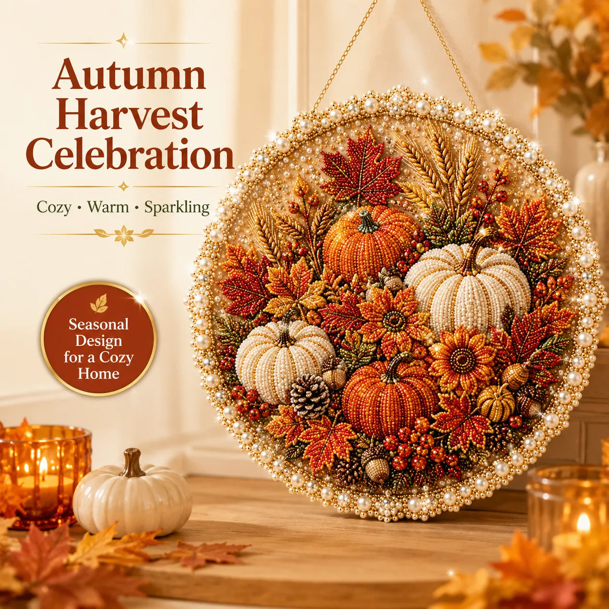 🌸🌻🍂🎄 LAST DAY 49% OFF – ✨ Four Seasons & Holiday Pearl Art Hanging Wreath Kit | Luxury Flocked Canvas with Scratch-Resistant Non-Fading Pearl Beads DIY Handmade Seasonal Decor 💎