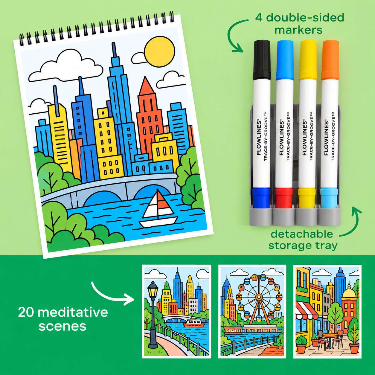 🌿 Trace-By-Groove Guided Flow Art Coloring Pad with Double-Sided Markers 🎨