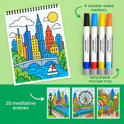 🌿 Trace-By-Groove Guided Flow Art Coloring Pad with Double-Sided Markers 🎨