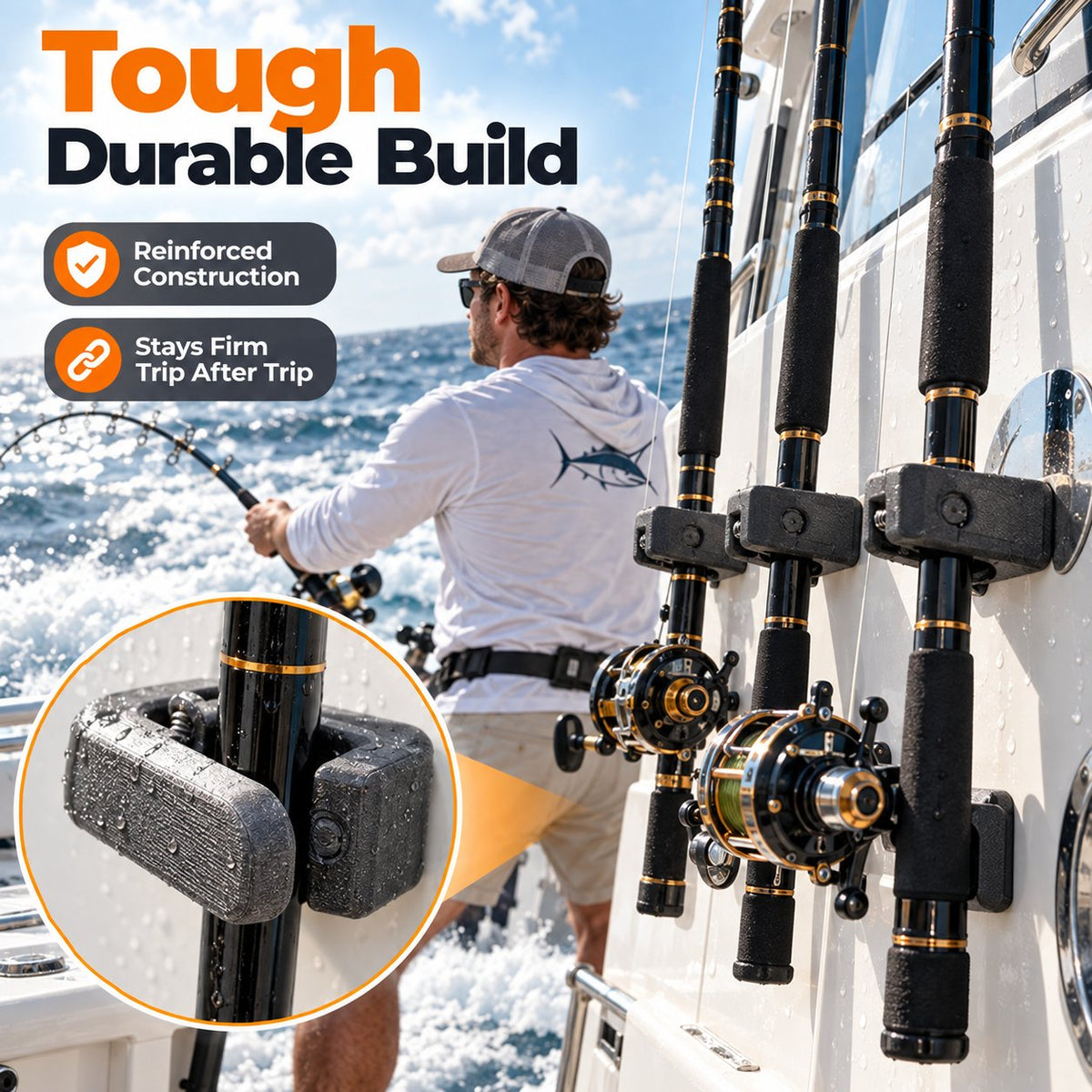 Marine Grade Fishing Rod Mount | Space Saving Wall & Rail Holder