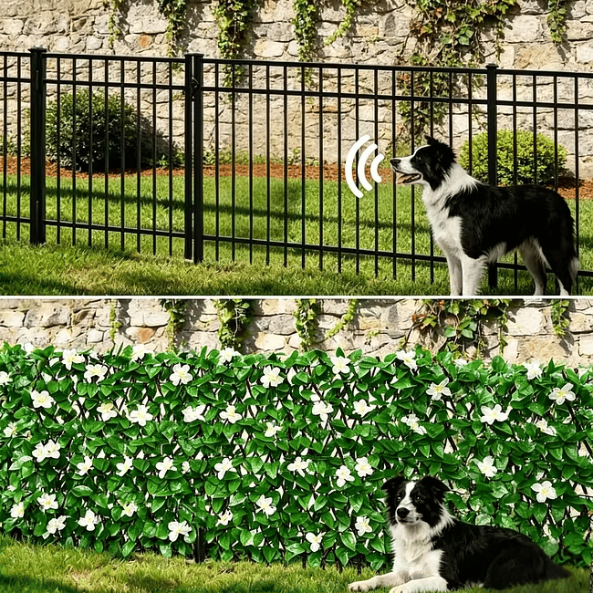 🔥HOT SALE🔥Extendable Simulation Rattan Fence with White Flowers Decorating Green Leaves, Stretchable Folding Design, Privacy Shielding Courtyard Balcony Walls, Artificial Green Plants