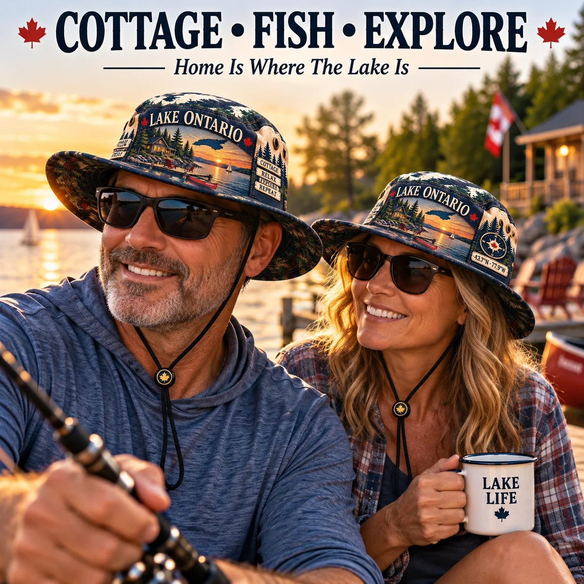 🔥LAST DAY 50% OFF - 🌊🍁 Lake Ontario Cottage Life Boonie Hat – Home Is Where the Lake Is (🧢100% Cotton)