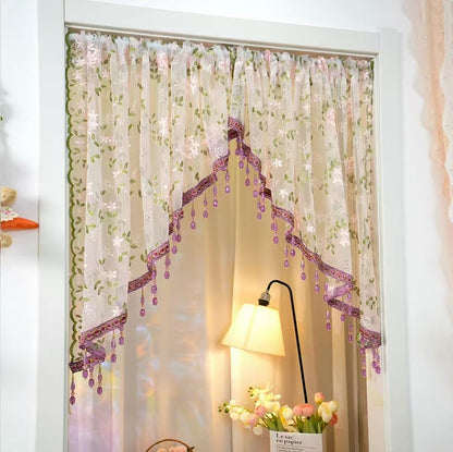 Embroidered Lace Doorway Curtain Set with Beaded Trim – 2 Panels