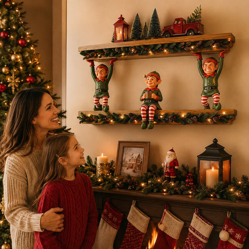 Free Shipping 🎄 Christmas Elf Shelf Décor – Whimsical 3-Elf Holiday Wall Display with Festive Garland, Pinecones & Berries