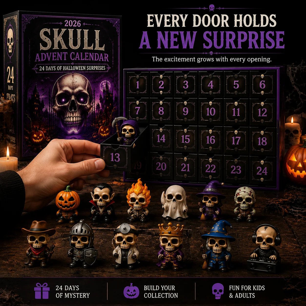 2026 Skull Halloween Advent Calendar | 24 Unique Collectible Skull Characters with Vampire, Pirate, Wizard & Monster Designs 🎃
