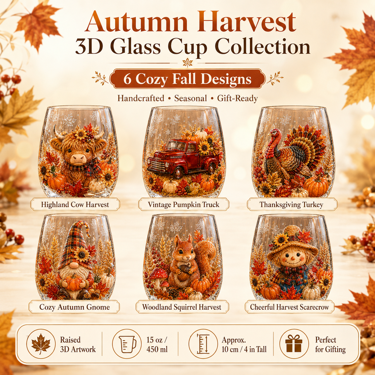 🍂✨Autumn Harvest 3D Glass Cup Gift Set – 6 Festive Designs