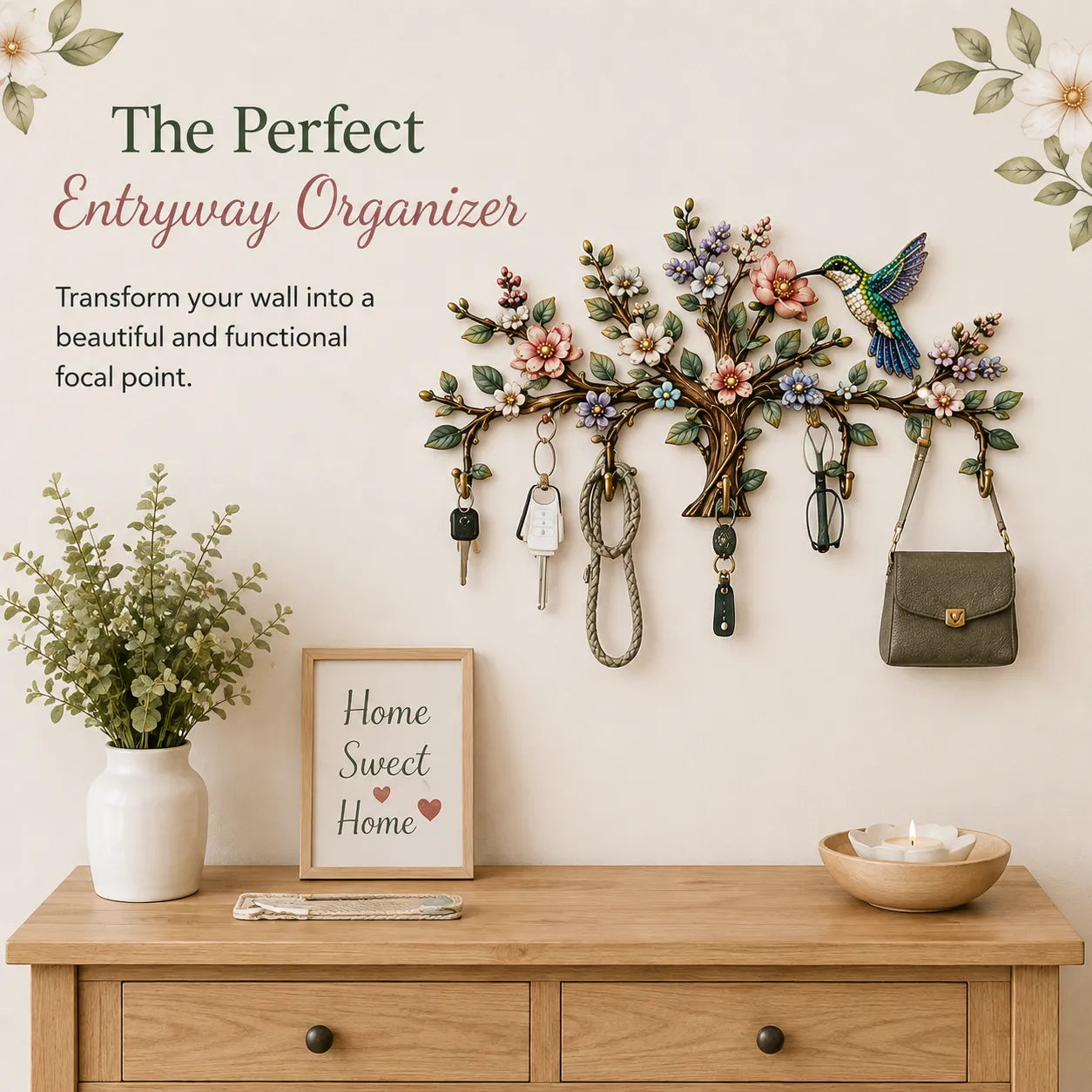 🌿 DIY Hummingbird Tree Wall Organizer Kit | 5‑Hook Wooden Wall Hanger, Botanical Art Decor for Entryway Home Craft Gift