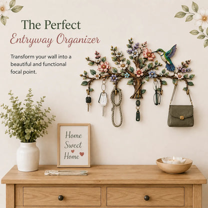 🌿 DIY Hummingbird Tree Wall Organizer Kit | 5‑Hook Wooden Wall Hanger, Botanical Art Decor for Entryway Home Craft Gift