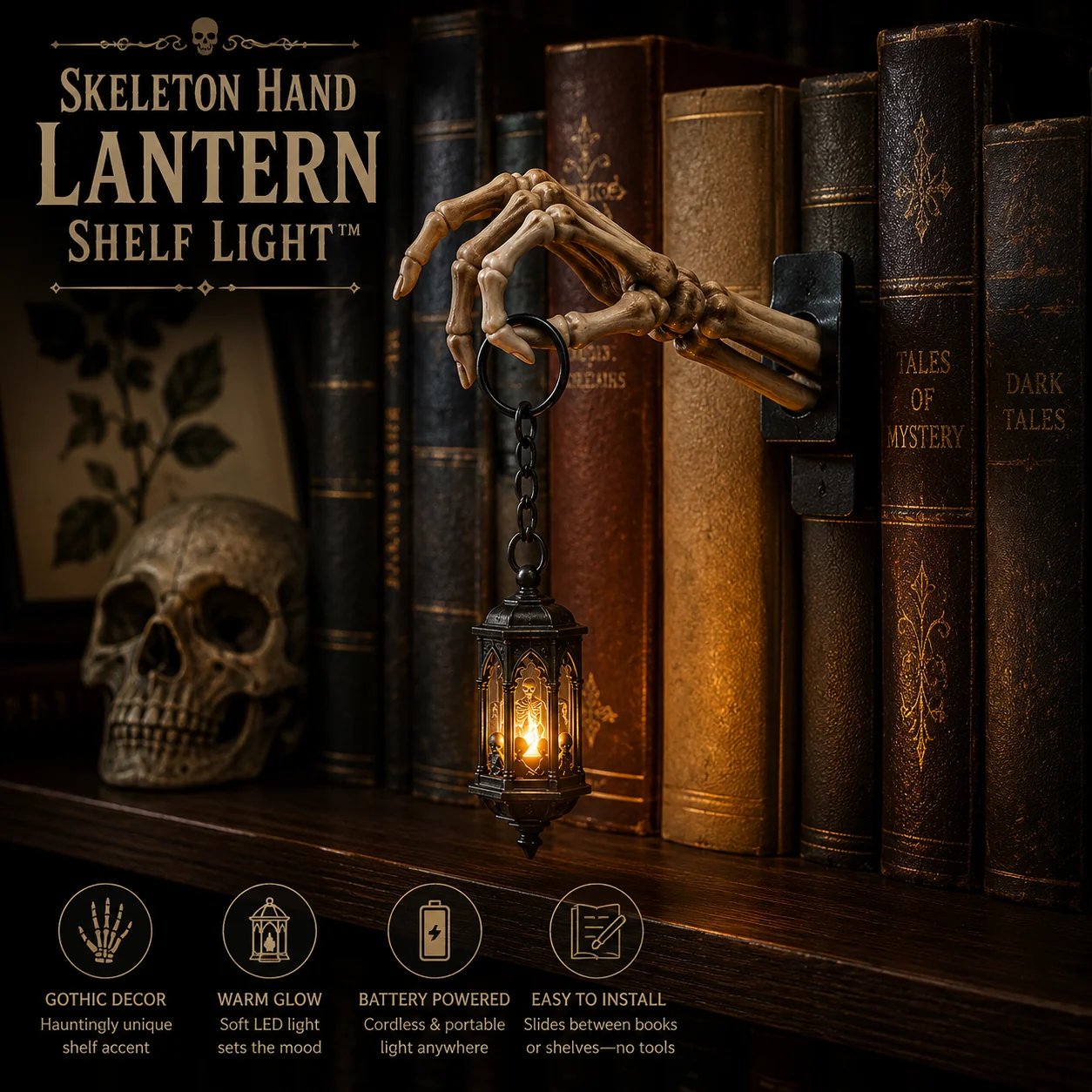 ⏳ Last Day 49% OFF – 💀 Skeleton Hand Lantern Bookshelf Light | Battery-Powered Gothic Shelf Décor with Warm Amber LED, Cord-Free Design & No-Tool Setup 🕯️